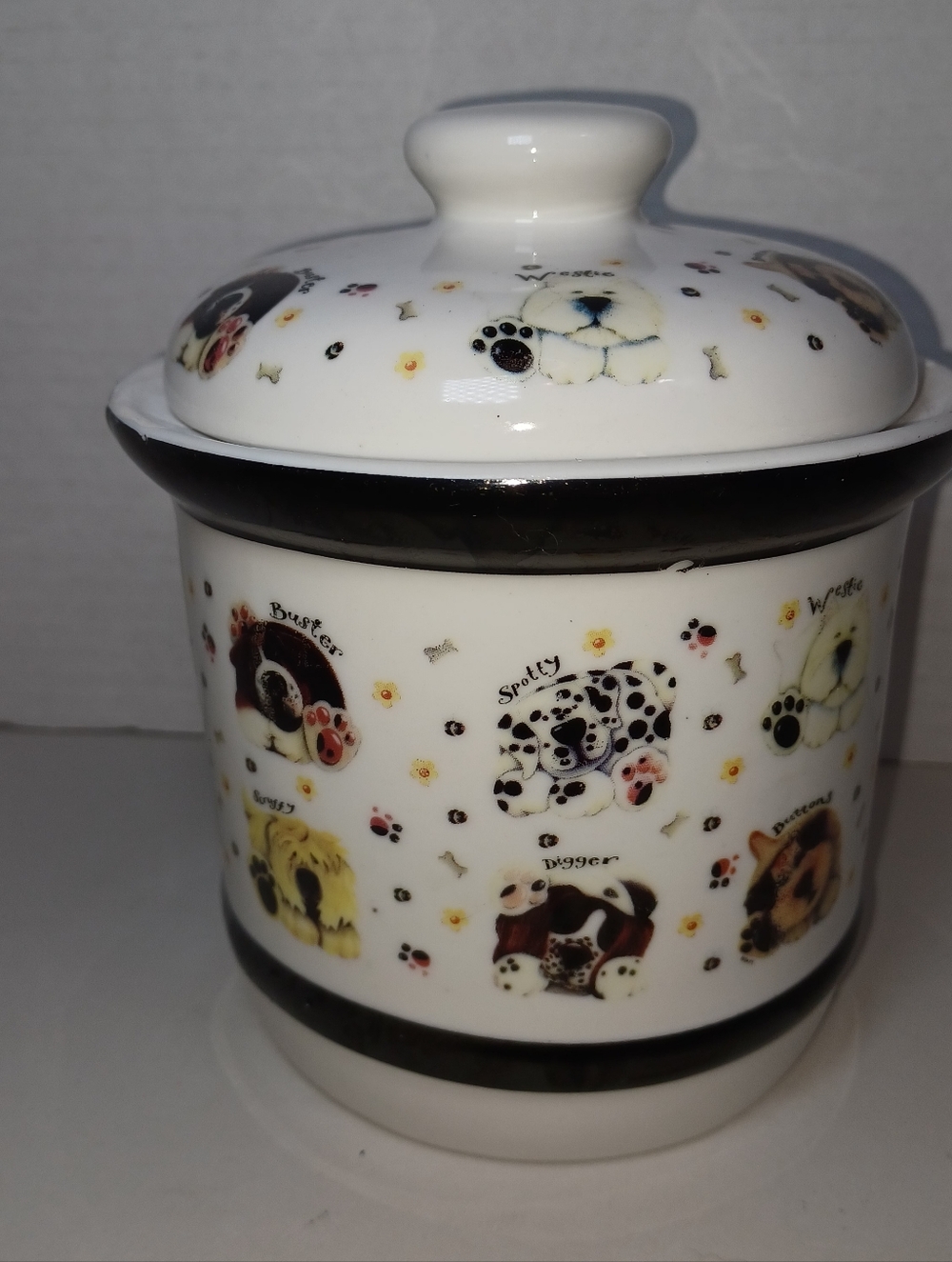 Dog Print Ceramic Canister with Lid - White and Black Doggie Treat Jar